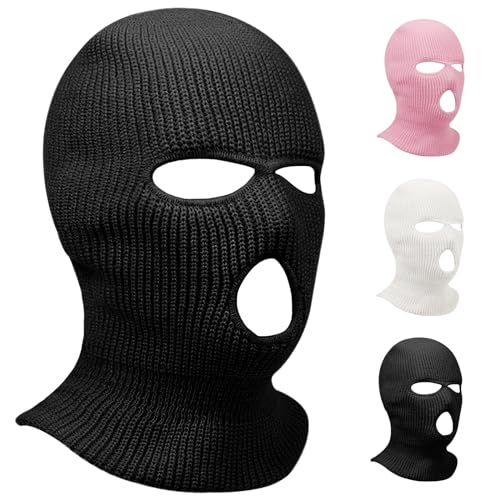 3 Hole Winter Knitted Mask, Full Face Cover Ski Scarf Mask Warm Balaclava for Adult Skiing, Motorcycle, UV Protection,Wind Protection Black