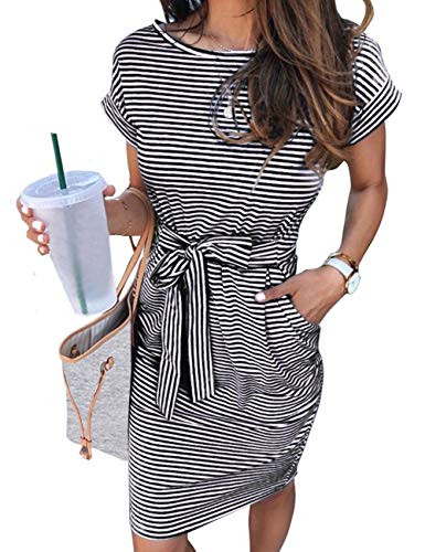 MEROKEETY Women's Summer Striped Short Sleeve T Shirt Dress Casual Tie Waist Midi Dress, Black, L