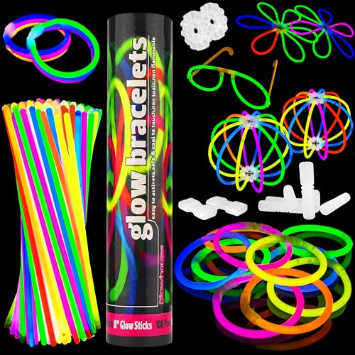 100 Glow Sticks Bulk Pack, Ultra Bright 8-Inch Bracelets, Multi-Colored, Ideal for Parties, Concerts, Includes Connectors - Premium Quality Glow in The Dark Stick Bracelets for Adults and Children