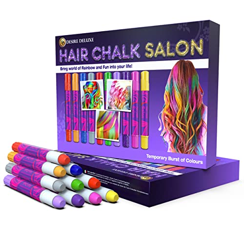 Desire Deluxe Hair Chalk for Girls Makeup Kit of 10 Temporary Colour Pens Gifts, Great Toy for Kids Age 5 6 7 8 9 10 11 12 13 Years Old, 'Blue,Green,Grey,Pink,Purple