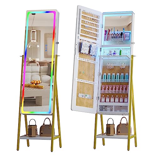 Lvifur LED RGB Jewelry Armoire Freestanding, 24 Color Dimmable 47.2'' Full Length Mirror, Lockable Floor Standing Touch Screen Jewelry Organizer Armoire All in One for Bedroom, Cloakroom