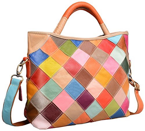 HESHE Genuine Leather Handbags Colorful Purses for Women Crossbody Bag Multi-color Tote Purse Designer Hobo Shoulder Bag(Colorful-2B4029)