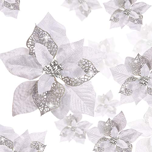 WILLBOND 36 Pieces Christmas Glitter Poinsettia Artificial Flowers Christmas Flowers Decorations Wedding Xmas Tree New Year Ornaments (Silver, Double Layer Hollow Style)