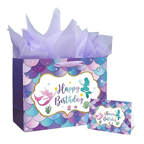 13' Large Mermaid Happy Birthday Gift Bag with Handle, Tissue Paper and Card for Kids Girls