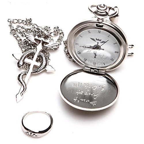 WIOR Full Metal Alchemist Pocket Watch Necklace Ring for Edward Elric Anime Cosplay