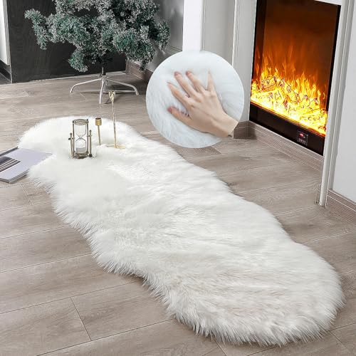 linmopm Super Soft Fluffy Faux Fur Sheepskin Rugs Bedroom Floor Sofa Living Room Runner High-Density Cushion Plush Carpet Sofa Cover Bedside Rugs (2x6 ft Sheepskin, White)