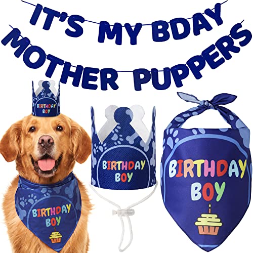 Odi Style Dog Birthday Party Supplies - Dog Birthday Bandana Set - Birthday Boy Bandana for Medium, Large Dogs, Party Hat, Crown and Cute Dog Birthday Banner with It's My Birthday Mother Puppers Sign