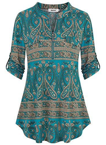 BEPEI 3/4 Sleeve Tops for Women,Summer Trendy V Neckline Blouses Loose Fit Stretchy Flowy Shirt Formal Evening Sexy Club Flower Shirt Wear with Leggings Going Out Aqua Beige L