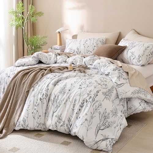 JANZAA 3pcs White Comforter Set, Soft Microfiber Bedding Plant Flowers Printed Comforter with 2 Pillow Cases for All Seasons(Queen)