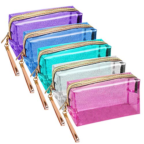 Meetory 5 Pack Waterproof Cosmetic Bag Portable Translucent Makeup Bag Zippered Travel Toiletry Pouch for Vacation, Bathroom, Organizing