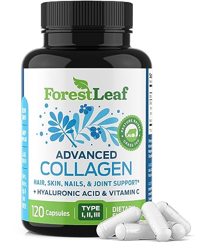 ForestLeaf Multi Collagen Pills with Hyaluronic Acid + Vitamin C | Hydrolyzed Collagen Supplements for Women or Men | Multi Collagen Capsules Peptides for Skin, Wrinkles, 120 Caps