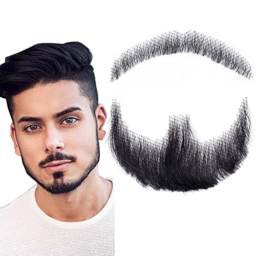 Wiiyita Fake Mustache Fake Beard Realistic 100% Human Hair Full Hand Tied Goatee False Beards Lace Invisible Fake Mustache for Halloween Dressing Men Makeup Entertainment/Drama/Party/Movie (Black)