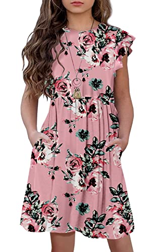 HOSIKA Girls Floral Twirly Dress Ruffle Short Sleeve Pleated Casual Boho Swing Holiday Party Sundress with Pockets for Girls Flower Pink 12 Years