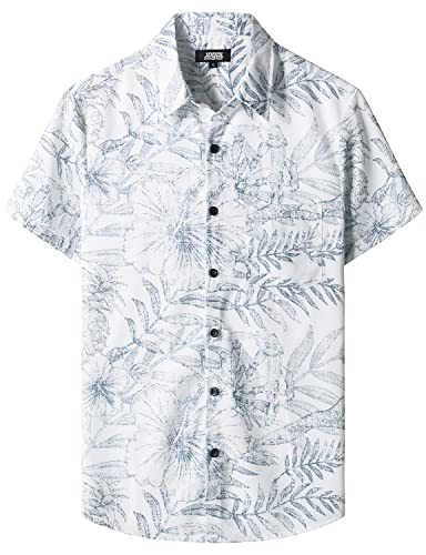 JOGAL Mens Floral Hawaiian Shirt Front Pocket Casual Aloha Shirts White 3X-Large