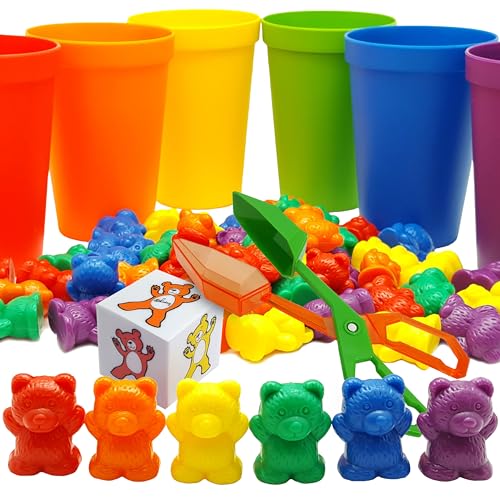 Skoolzy Rainbow Counting Bears with Matching Sorting Cups 70 Pc - Toddler STEM Educational Number Learning Toys, Developmental Sensory Bin Motor Skills Activity for Preschool Kids Age 3 +