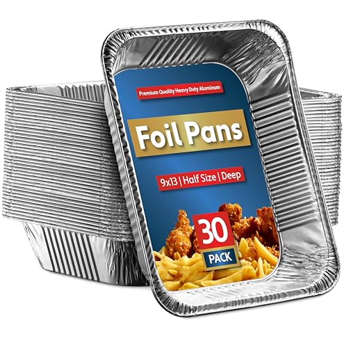 Munfix 30 Pack Aluminum Pans Disposable 9x13 Baking Pan Chafing Trays - Deep Half Size Oven Steam Table Tin Foil Pans - Extra Heavy Duty Foil Pans for Heating, Roasting, Cooking, Storing Food