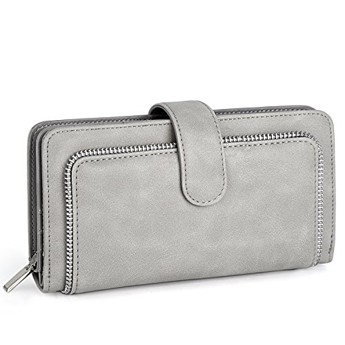 UTO Women PU Leather Wallet RFID Blocking Large Capacity 15 Card Slots Smartphone Holder Snap Closure G Grey