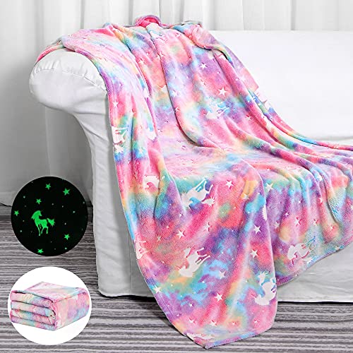 Glow in The Dark Blanket Unicorns Gifts for Girls,Toys for 2 3 4 5 6 7 8 9 10 Year Old Girl Gifts,Soft Kids Blankets for Christmas Halloween Birthday Valentines Gifts,50'x60'