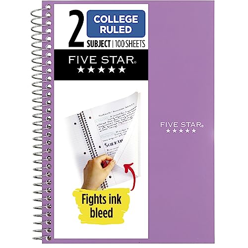 Five Star Small Spiral Notebook, 2 Subject, College Ruled Paper, 9-1/2' x 6', 100 Sheets, Amethyst Purple (840004CF1)