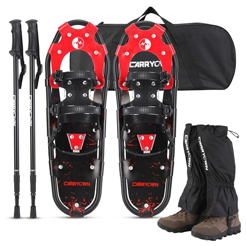 Carryown 4-in-1 Snowshoes for Adults Men Women Kids, Light Weight Aluminum Alloy Terrain Snow Shoes with Trekking Poles and Waterproof Leg Gaiters, Carryring Bag (RedBlack, 25 Inch)