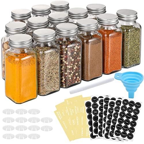 AOZITA 14 Pcs Glass Spice Jars with Spice Labels - 6oz Empty Square Spice Bottles - Shaker Lids and Airtight Metal Caps - Chalk Marker and Silicone Collapsible Funnel Included