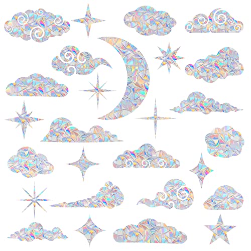 26 Pieces Cloud and Star Window Clings - Anti-Collision Window Decals to Save Birds from Window Collisions,Non Adhesive Prismatic Vinyl Window Clings, Rainbow Stickers