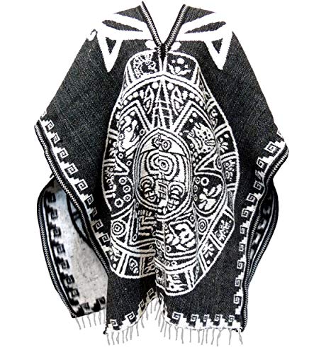 Leos Imports Authentic Mexican Poncho Reversible Cobija Blanket - Aztec Calendar (Black/White)