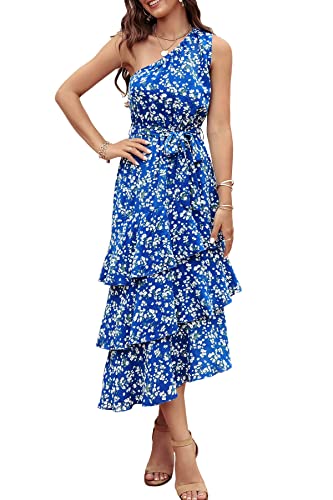 PRETTYGARDEN Women's Summer Floral Sundress Casual One Shoulder Tiered Ruffle Flowy Midi Beach Boho Dresses (Floral Royal Blue White,Large)