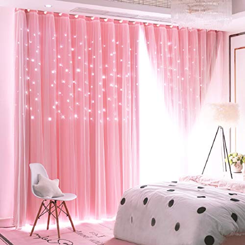 UNISTAR 2 Panels Stars Blackout Curtains for Bedroom Girls Kids Baby Window Decoration Double Layer Star Cut Out Aesthetic Living Room Decor Wall Home Curtain,W52 x L63 Inches,Pink