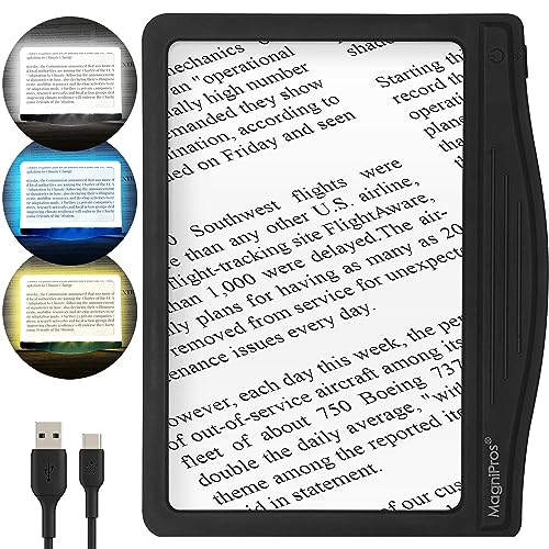 MagniPros 5X Large Ultra Bright LED Page Magnifier with Anti-Glare Lens & 3 Fully Dimmable Light Modes, Relieve Eye Strain- Ideal for Reading Small Prints, Low Vision, Seniors