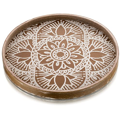 Hanobe Round Wood Decorative Tray: Boho Coffee Table Tray Farmhouse Rustic Brown Centerpiece Decor Wooden Serving Trays Circle Tray for Kitchen Counter Bohemian Ottoman Tray for Home