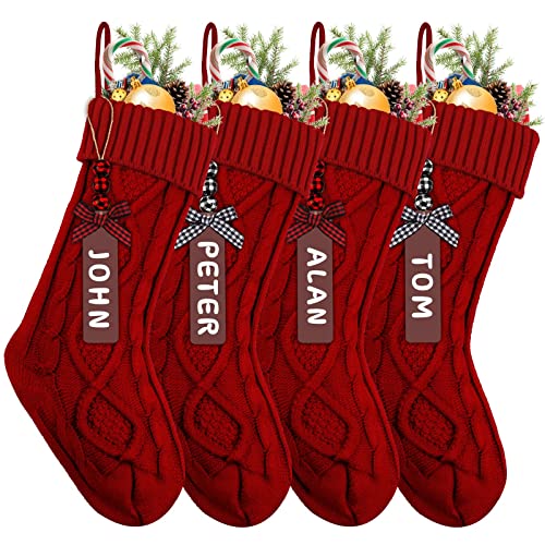 XIMISHOP 4PCS Christmas Stockings with Name Tags, 18inch Large Personalized Cable Knitted Xmas Hanging Stocking Decorations for Holiday Christmas Party Family Decor (Red)