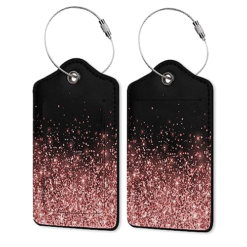 Leather Luggage Tags for Adults Teens,2 Pack Rose Gold Glitter Travel Bag Suitcase Labels with Stainless Steel Loop ID Tags Card Baggage Bag Label