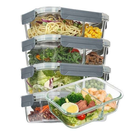 Vtopmart 5Pack 33oz Glass Food Storage Containers with Lids, Meal Prep Containers 2 Compartments, Airtight Lunch Containers Bento Boxes with Snap Locking Lids for Microwave, Oven, Freezer