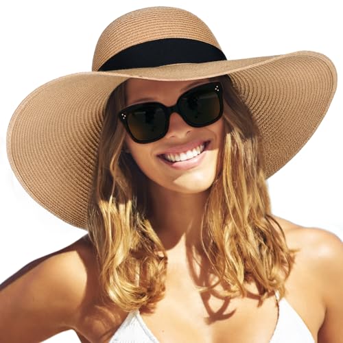FURTALK Womens Sun Straw Hat Wide Brim UPF 50 Summer Hat Foldable Roll up Floppy Beach Hats for Women Khaki