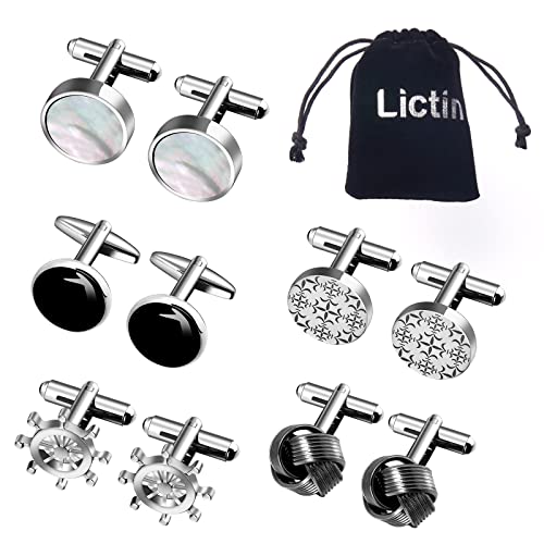 Lictin Men's Cufflinks Cuff Links for Men, Stainless Steel Tuxedo Shirt Cuff Links Set, Men’s Jewelry or Accessories for Business, Wedding, 5 Pairs,Round