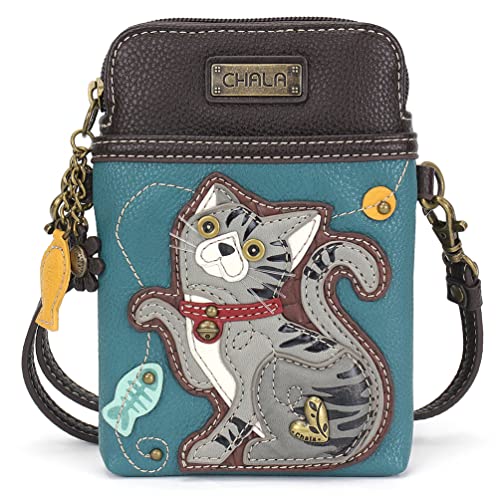 CHALA Cell Phone Crossbody Purse-Women PU Leather/Canvas Multicolor Handbag with Adjustable Strap - Tabby Cat - gray - turquoise