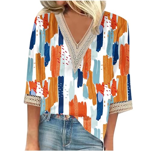 FOCLMP Womens Cute Summer Tops 2024 Marble Print Dressy Causal Shirts Lace Trim V Neck Blouse Tunic Trendy Vacation Outfits Country Concert Tops for Women Orange 5X