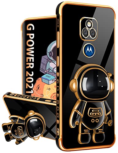 Lotadilo for Moto G Play 2021 Case, Moto G Play Cases with Astronaut Stand for Women Girls, Girly Cute Spaceman Love Heart Gold Plating 6D Phone Cover with Kickstand for G Play 6.5'' Black