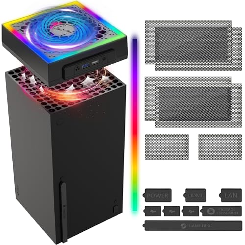 INITMMO Cooling Fan Dust Proof for Xbox Series X with Colorful Light Strip,Efficient Mute Top Cooler System,RGB LED Light& Independent Touch Switch,2 USB Ports,Xbox X Accessories with Extra Dust Plugs