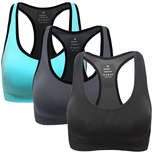MIRITY Women Racerback Sports Bras - High Impact Workout Gym Activewear Bra Pack of 3 Color Black Grey Blue Size M