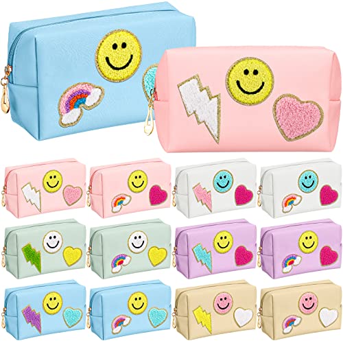 Sanwuta 12 Pcs Preppy Patch Makeup Bag Chenille Letters Cosmetic Bag Pu Leather Preppy Organizer Small Smile Lightning Heart Toiletry Bag Portable Waterproof Storage Purse Pouch for Women Girls