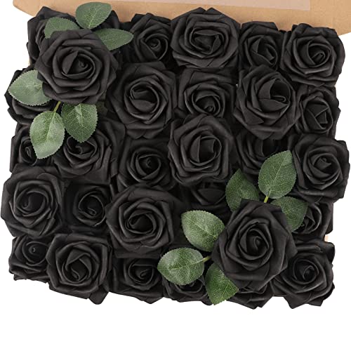MACTING Black Roses Artificial Flowers, 30pcs Real Touch Fake Foam Roses for DIY Bouquets Wedding Party Baby Shower Home Decoration (Black)