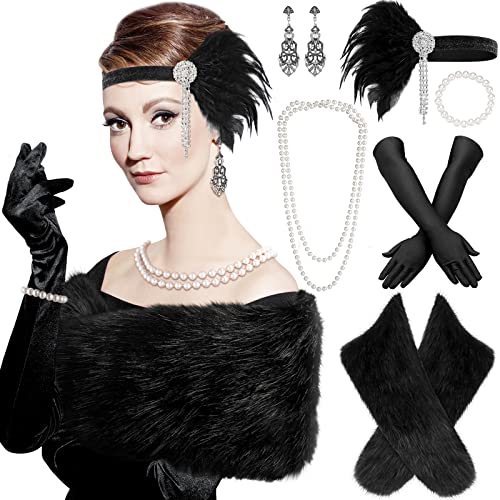 Zhanmai 20s Accessories for Women Fur Faux Scarf Flapper Accessories for Women Faux Fur Scarf 20s Costume for Halloween Party Wear(Simple)
