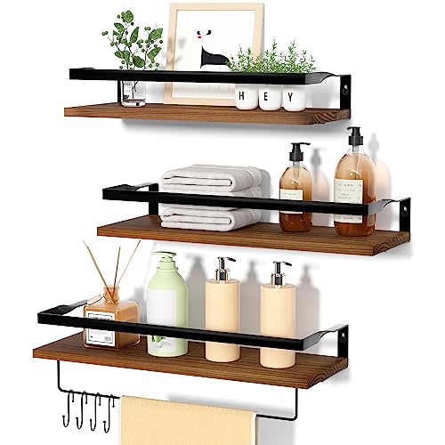 upsimples Bathroom Floating Shelves Wall Mounted Shelving with Removable Towel Bar, Wall Decor and Organizer for Bathroom, Bedroom, Living Room, Kitchen, Dark Brown,Set of 3