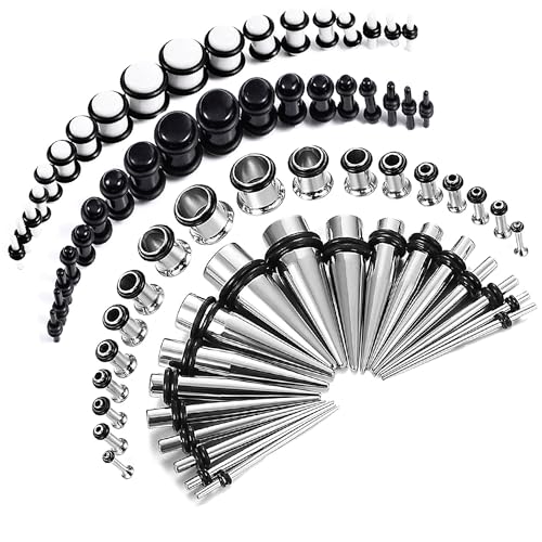 BodyJ4You 72PC Ear Stretching Kit - 14G-00G Beginner Gauges - Surgical Steel Tunnels Solid Metal Tapers Black White Acrylic Plugs - Men Women Unisex Body Jewelry