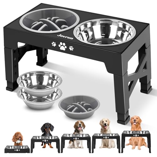 Jovrun Elevated Dog Bowls, Dog Feeder with 2 Stainless Steel Bowls &1 Slow Feeder Dog Bowls, 5 Heights Adjustable Raised Dog Bowls Stand for Medium Large Dogs, Dog Food Bowls with Non-Slip Feet