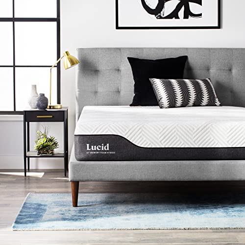 LUCID 12 Inch Hybrid Mattress - Bamboo Charcoal and Aloe Vera Infused - Memory Foam and Encased Springs - Medium Plush Feel - Bed in a Box - Pressure Relief and Motion Isolation - Queen Size