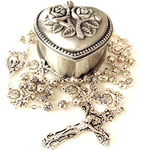 elegantmedical HANDMADE Silver rose beads Catholic 5 DECADE Rosary case Cross Gift Box Italy crucifix cross