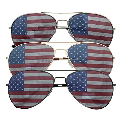 grinderPUNCH 3 Pack Bulk USA America Glasses - American Flag Aviator Sunglasses - Assorted Colors